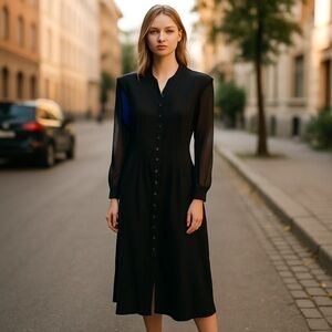 Vintage Impulsive Black Rhinestone Buttons Sheer Sleeves Crepe 14P Dress‎